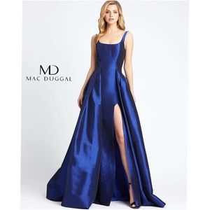 Mac Duggal Satin Sapphire Blue Sleeveless Evening Ballgown With High Slit